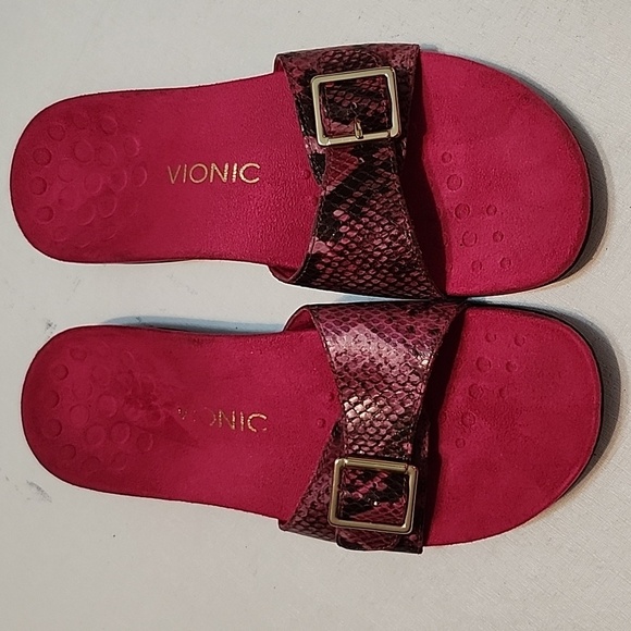 Vionic Women's Fuchsia Snakeskin Slide Sandals - Picture 7 of 10